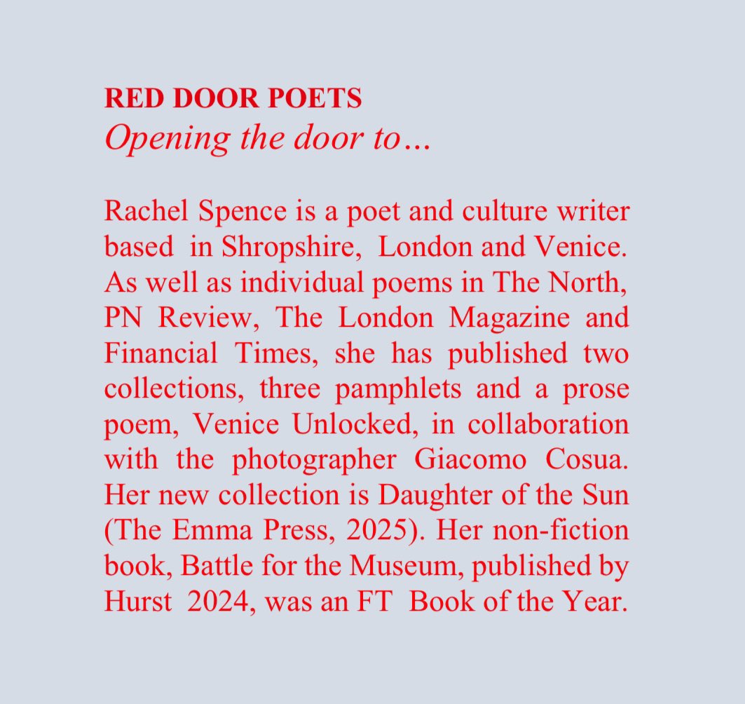 🌟Coming up this Sunday - join us for our next Red Door interview on 27th April with poet &amp; journalist Rachel Spence, whose collection Daughter of the Sun was published earlier this year by The Emma Press ✨Tickets free on eventbrite 
eventbrite.co.uk/e/opening-the-…