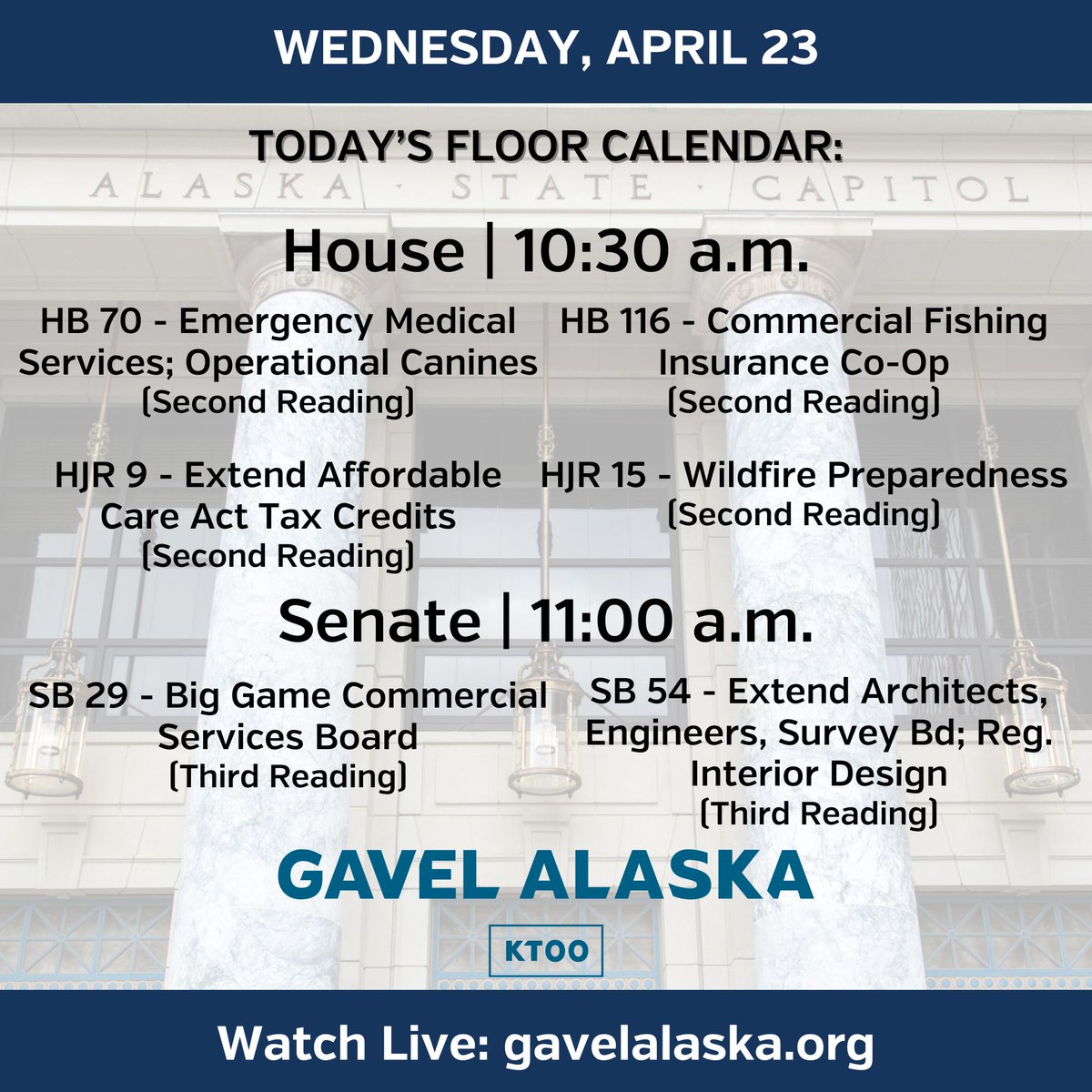 Today is April 23rd, the 93rd legislative day. Here's a look at what's on the House and Senate floor today. #akleg