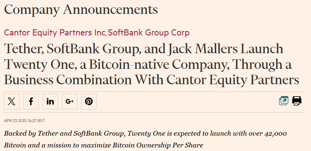 coinbureau's tweet image. 🚨BREAKING: 🇺🇸Jack Mallers unveils Twenty One, a new public company focused exclusively on acquiring and holding Bitcoin. 

Backed by Tether, SoftBank, and Cantor Fitzgerald, it launches with over 42,000 BTC (~$4B) on its balance sheet.