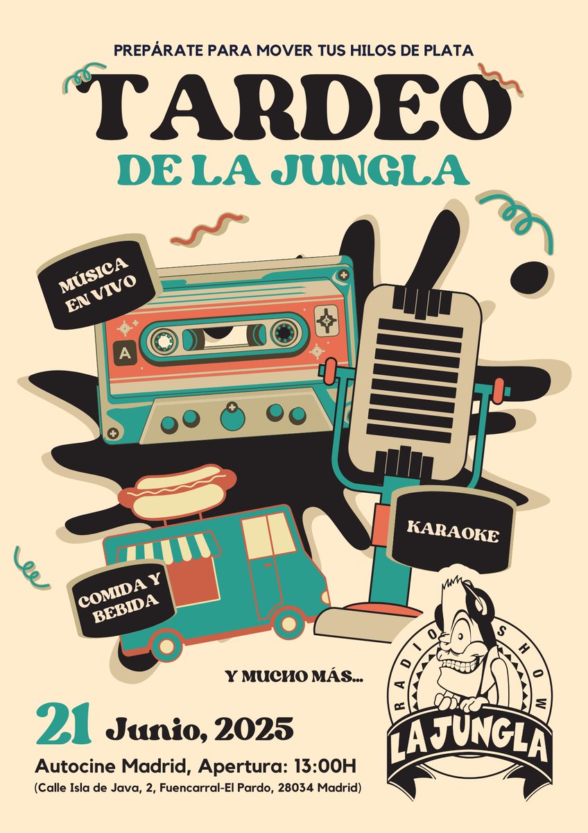 Que ilusión me hace!! Ya está... mañana desde las 9 de la mañana estarán a la venta las entradas de "𝗘𝗹 𝗧𝗮𝗿𝗱𝗲𝗼 𝗱𝗲 𝗹𝗮 𝗝𝘂𝗻𝗴𝗹𝗮" el próximo 21 de junio en el Autocine Madrid desde las  horas.  La FIESTA MÁS GRANDE en la que hayas estado... comida, bebida, Djs,