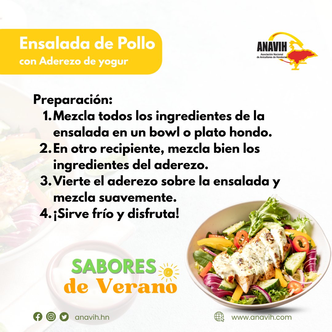 🌞 ¡Verano delicioso! 🍗🥚
Disfruta tus días de verano con nuestras recetas de pollo y huevo, ¡ligeras, sabrosas y llenas de energía!

#SaboresDeVerano #recetas #Avicultura #Pollo #Huevo #ANAVIH #AviculturaSostenible #SeguridadAlimentaria #Nutricion #RecetasFáciles #SaborQueNutre