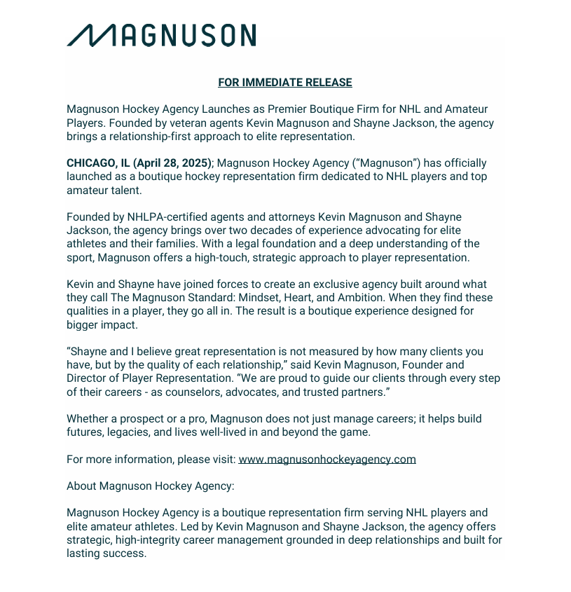 Magnusonhockey's tweet photo. Magnuson Hockey Agency Launches as Premier Boutique Firm for NHL and Amateur Players. Founded by veteran agents Kevin Magnuson and Shayne Jackson, the agency brings a relationship-first approach to elite representation.

https://t.co/M7scGi7K8G https://t.co/ccaJ0OIOke