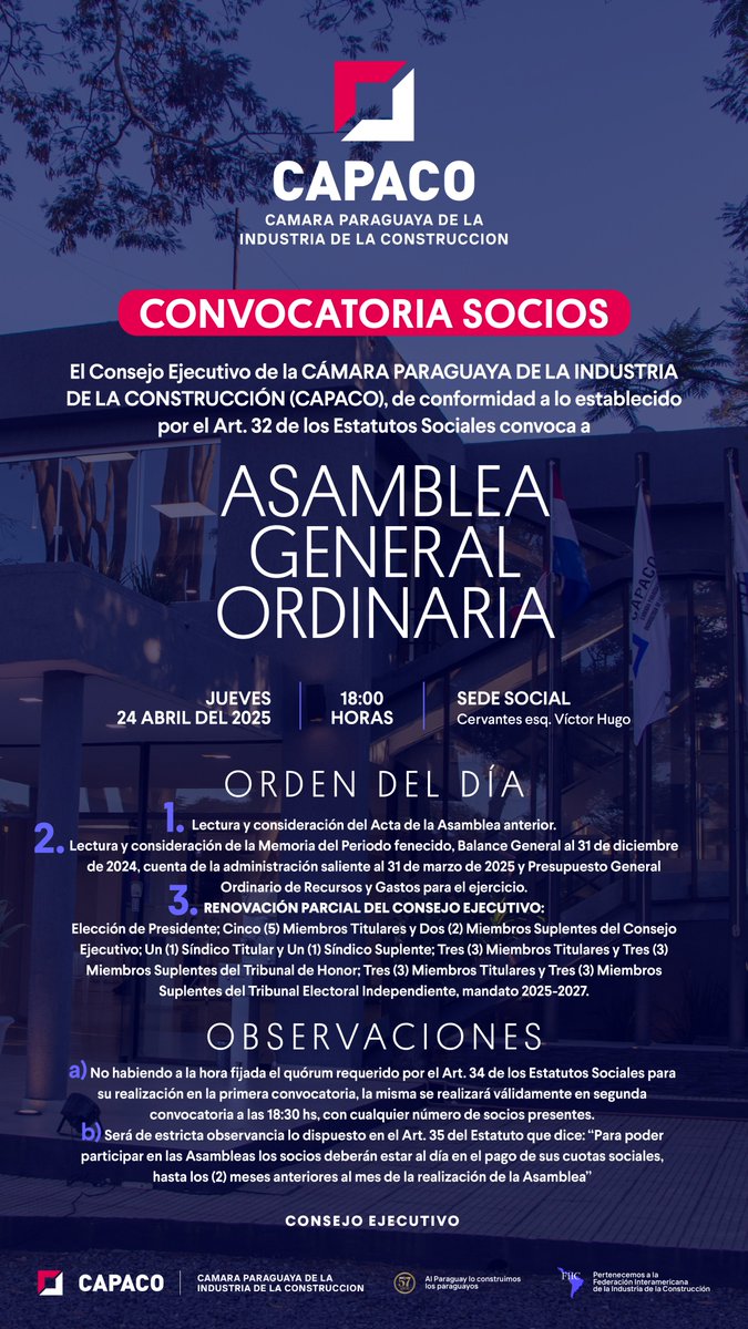 📢 Recordatorio para socios

📆 Mañana, jueves 24 de abril – 18:00 hs
📍 Sede CAPACO

Asamblea General Ordinaria | Memoria, Balance y Elecciones.

👷‍♂️ ¡Te esperamos!

#CAPACO 
#SociosCAPACO 
#Asamblea2025 #ParaguayConstruye