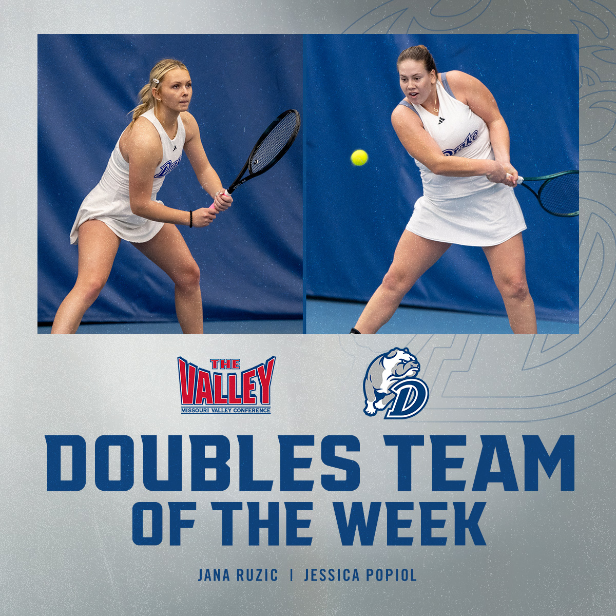 🌟 𝐌𝐕𝐂 𝐃𝐎𝐔𝐁𝐋𝐄𝐒 𝐓𝐄𝐀𝐌 𝐎𝐅 𝐓𝐇𝐄 𝐖𝐄𝐄𝐊 🌟

Jessica Popiol and Jana Ruzic have earned the Bulldogs' third weekly doubles honor of the season.

🎾📰➡️ bit.ly/4irSdWY

#DSMHometownTeam
