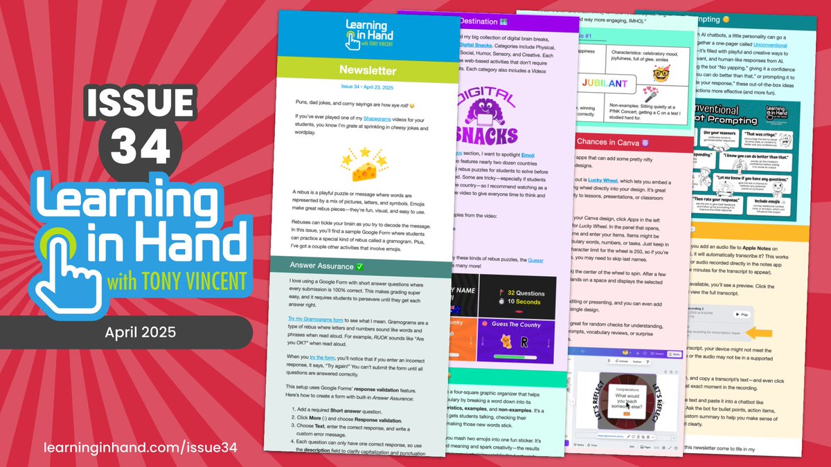 Issue 34 is full of quick tips, clever tools, and creative ideas:

🎡 Use Lucky Wheel in Canva
📙 Try a Frayer Model emoji twist
🌍 Guess the country from emoji combos
📝 Transcribe audio in Apple Notes
🧠 Prompt AI in quirky, unexpected ways

learninginhand.com/issue34
