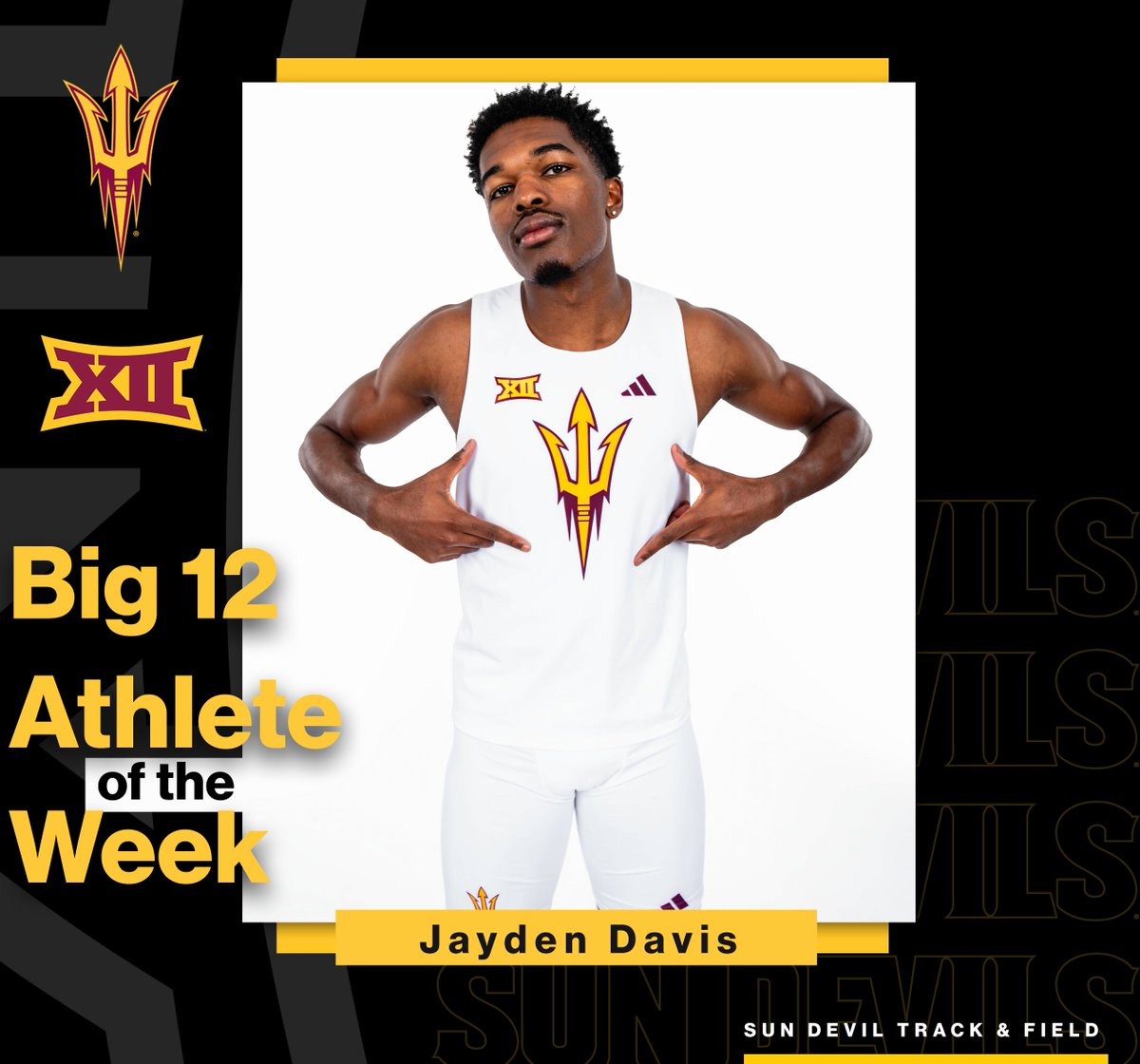 Sun Devil Track and Field/XC (@sundeviltfxc) on Twitter photo After a fantastic weekend at the Mt. SAC Relays, Jayden Davis is your <a href="/Big12Conference/">Big 12 Conference</a> Men's Athlete of the week
His 400m time in 44.84 ranks No. 1 in the Big 12 and No. 2 in the nation
Congrats, Jayden 😈 After a fantastic weekend at the Mt. SAC Relays, Jayden Davis is your <a href="/Big12Conference/">Big 12 Conference</a> Men's Athlete of the week
His 400m time in 44.84 ranks No. 1 in the Big 12 and No. 2 in the nation
Congrats, Jayden 😈