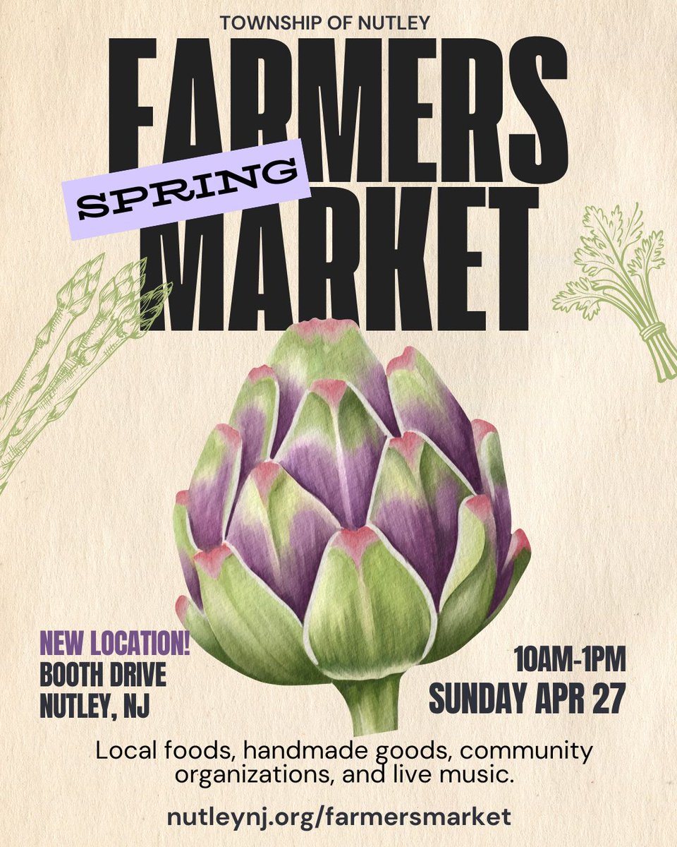 🌷 On Sunday April 27 10am-1pm, join us at our new downtown location on Booth Drive, Nutley for our special Spring Farmers Market, a preview of our upcoming 16th season (June 15-October 26, 2025)! See you at the #NutleyFarmersMarket! 💚