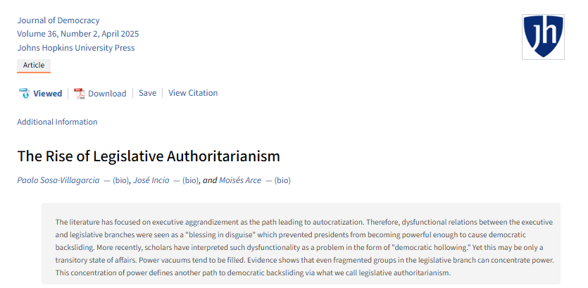 Por si aún no lo han leído, el ensayo sobre el "autoritarismo legislativo" publicado en el <a href="/JoDemocracy/">Journal of Democracy</a> está en modo de *acceso libre* solo hasta esta semana. Aprovechen para leerlo/descargarlo antes que lo impida el paywall: muse.jhu.edu/article/954567