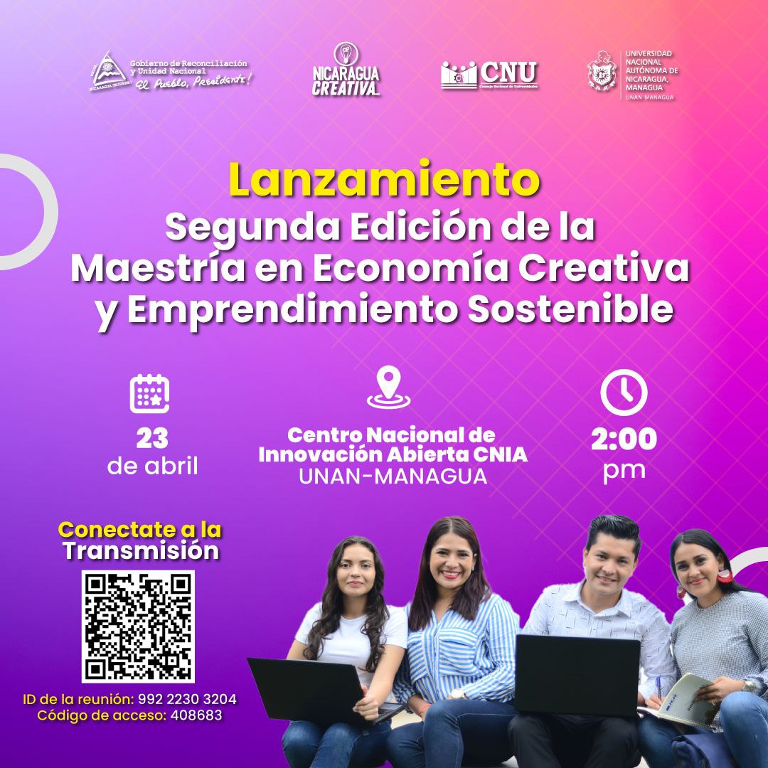 La Maestría tiene como objetivo formar líderes creativos y comprometidos, que impulsen el desarrollo económico y social de Nicaragua, desde la innovación, la cultura y el emprendimiento sostenible. 

¡Postulaciones abiertas!
Accedé  y registrate aquí:  tally.so/r/3EZG9r