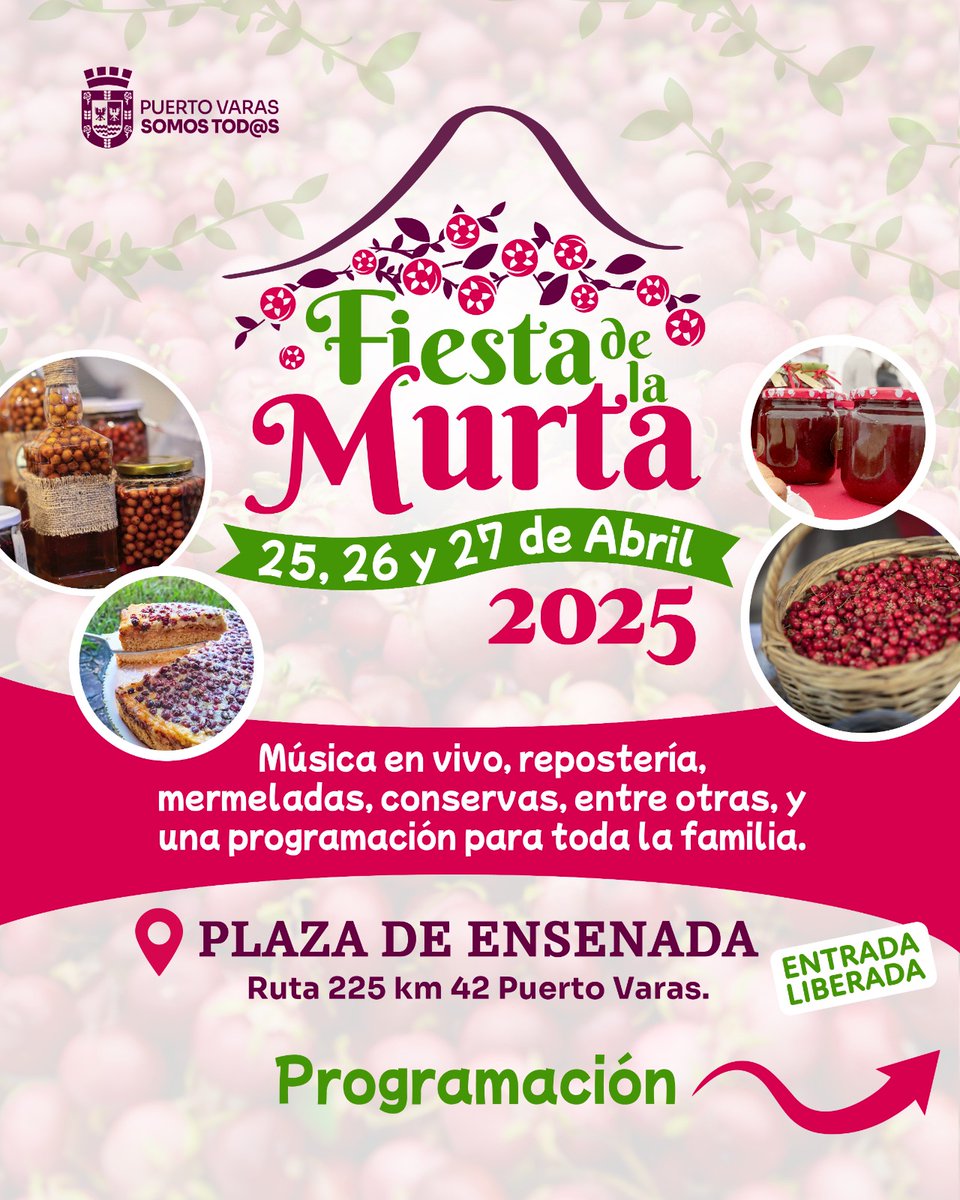 muniptovaras's tweet photo. 🍒 Este fin de semana estamos cordialmente invitados a la gran y tradicional #FiestaDeLaMurta de #Ensenada.

📆 viernes 25 - sábado 26 - domingo 27 de abril
📍 Plaza de Ensenada
⌚ viernes 14:00 a 20:00 horas
⌚ sábado y domingo 11:00 a 20:00 horas.

Trae a tu familia y amigos! https://t.co/sklc3eFBCB
