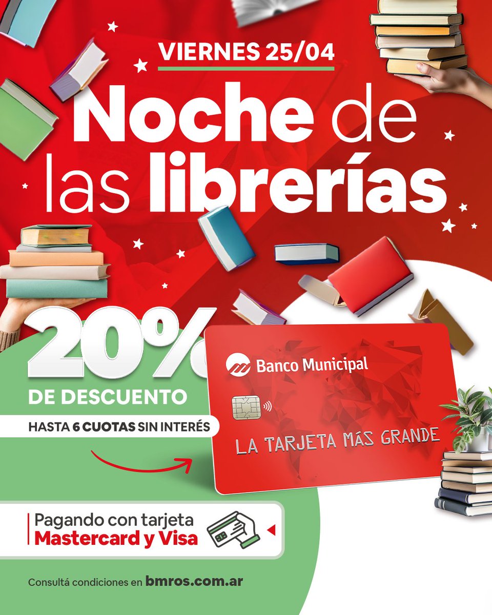 ¡Noche de las librerías! 📚🌃

🙌Estamos en esta noche especial para que 
hagas crecer tu biblioteca con un 20% de dto. 
en hasta 6 cuotas sin interés 🥳

Comercios adheridos en bmros.com.ar