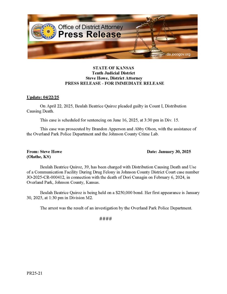 JO-2025-CR-000412 State v. Quiroz. Defendant pleaded guilty in Drug Distribution Death.