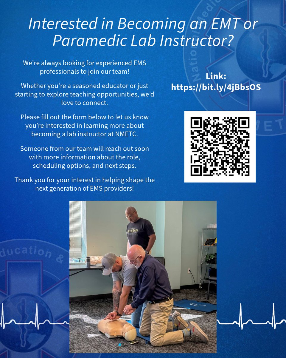 nmetc_ems's tweet photo. Interested in Becoming an EMT or Paramedic Lab Instructor? Please fill out the form below to let us know you’re interested in learning more about becoming a lab instructor at NMETC. ⁠
⁠
#NMETC #Labinstructor #EMS #emergencymedicalservices https://t.co/0EenpmjQCw