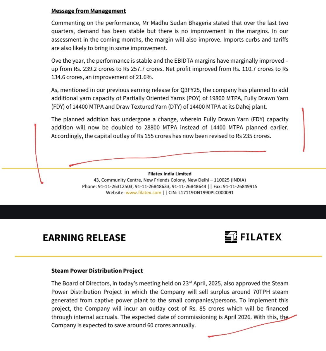 nid_rockz's tweet photo. Filatex India
#Filatex

Press release containing detailed outlay on capex plans:

Capex:

Fully Drawn Yarn(FDY) capacity will now be doubled vs initial plans
28,800 MTPA vs 14,400 MTPA planned earlier 

Partially oriented Yarn (POY) capacity addition of 19,800 MTPA

Draw textured Yarn(DTY) planned capacity addition of 14,400 MTPA

235cr funding needed

Steam Power Distribution Project:
85cr to be spent from internal accruals 
Will lead to 60cr saving per year

Expects margins to improve in the upcoming months from current levels