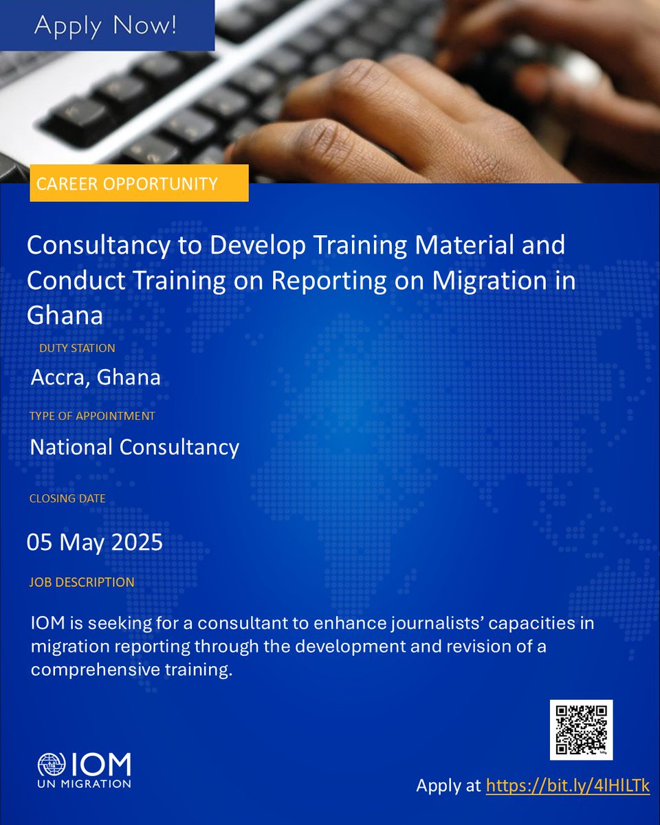 Vacancy Opportunity
IOM is seeking for a National migration reporting Consultant.

Interested candidates should apply by 05 May 2025.

You can find all information about the positions and how to apply on our website under "Career Opportunities": bit.ly/4lHlLTk