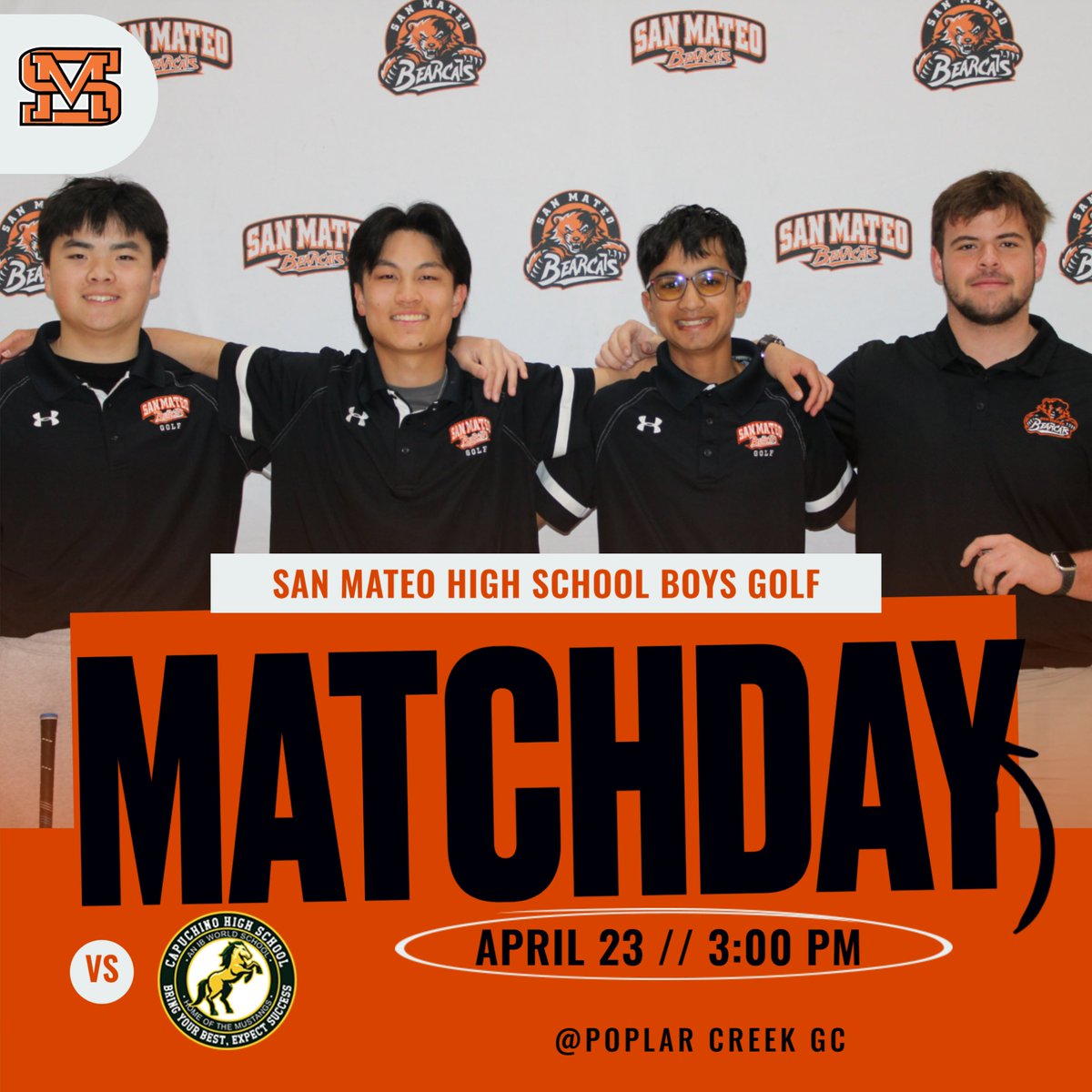 Varsity Boys Golf
🕒 3:00 PM
📍 Poplar Creek GC
Back on the course today as the Bearcats face Capuchino. 
#GoBearcats #BC4L