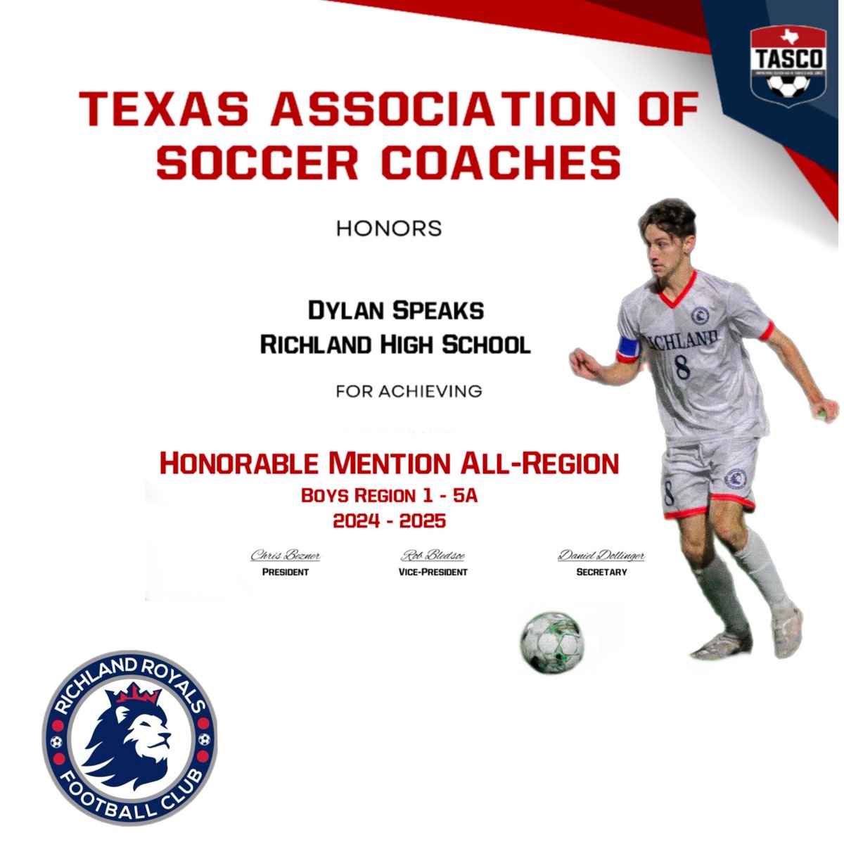 Richland Royals Football Club (@royalssoccerrhs) on Twitter photo Congratulations to Dylan Speaks for earning <a href="/tascosoccer/">TASCO</a> All Region Honorable Mention this year!
#PPR #RUR
<a href="/Richlandhigh/">Richland High School</a> <a href="/Gosset41/">Brian Gosset</a> <a href="/BirdvilleISD/">Birdville ISD</a> Congratulations to Dylan Speaks for earning <a href="/tascosoccer/">TASCO</a> All Region Honorable Mention this year!
#PPR #RUR
<a href="/Richlandhigh/">Richland High School</a> <a href="/Gosset41/">Brian Gosset</a> <a href="/BirdvilleISD/">Birdville ISD</a>