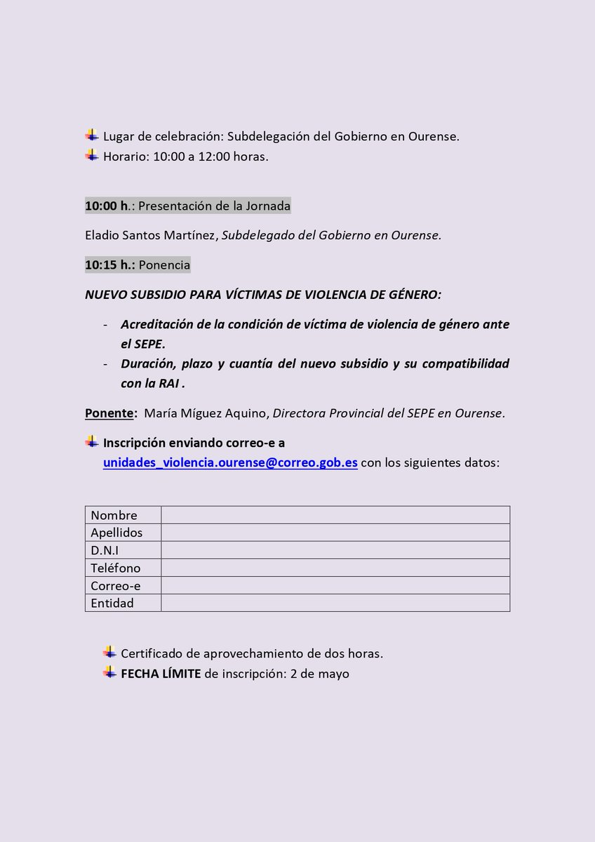 ICAOURENSE (@icaourense) on Twitter photo 📢 Jornada Formativa | 7 mayo .Nuevo subsidio para víctimas de violencia de género.
🕙 10:00-12:00 h
📍 Subdelegación del Gobierno en Ourense
🎙️ Con María Míguez (SEPE)
📩 Inscripción: unidades_violencia.ourense@correo.gob.es 📢 Jornada Formativa | 7 mayo .Nuevo subsidio para víctimas de violencia de género.
🕙 10:00-12:00 h
📍 Subdelegación del Gobierno en Ourense
🎙️ Con María Míguez (SEPE)
📩 Inscripción: unidades_violencia.ourense@correo.gob.es