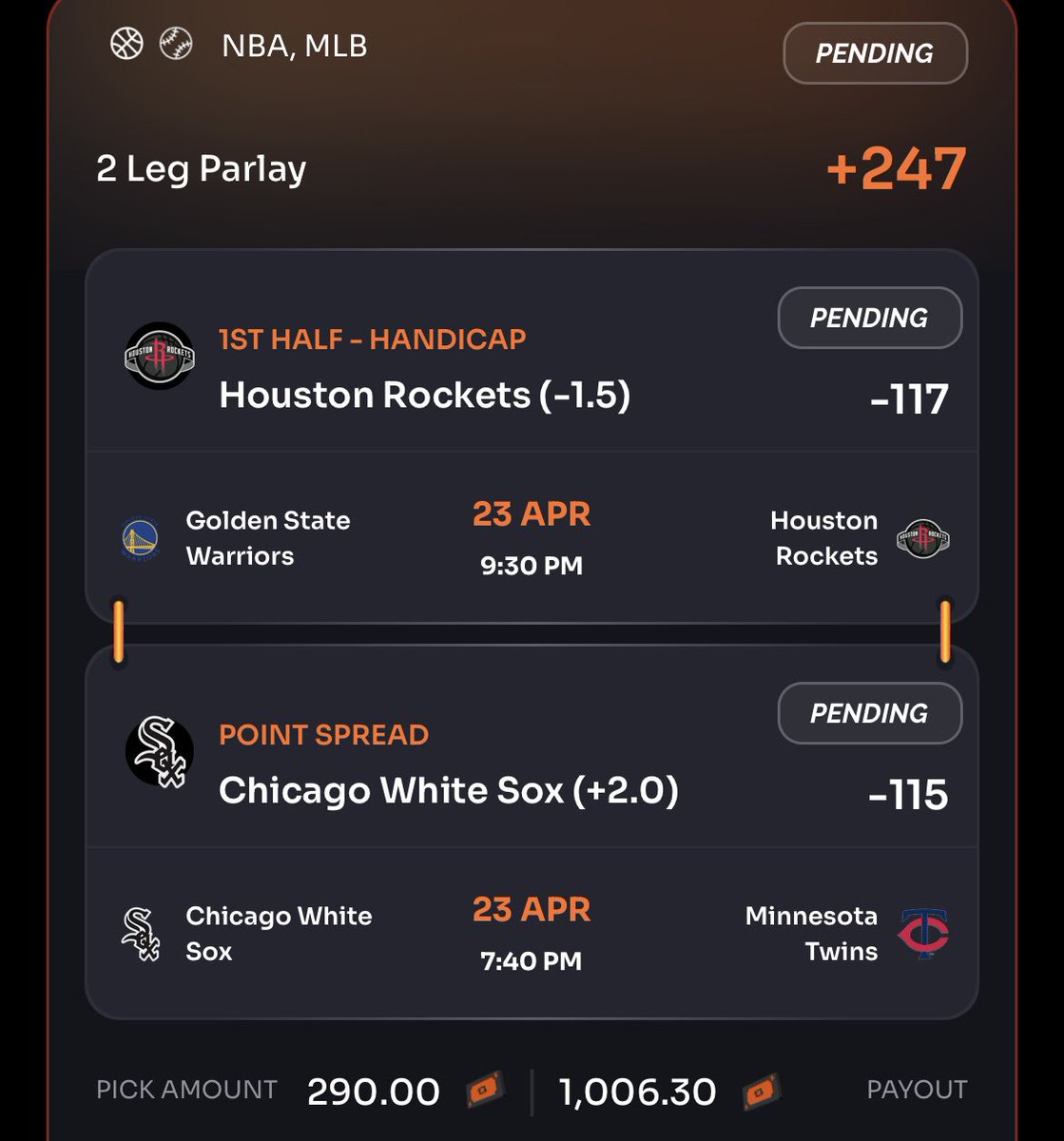 NBA/MLB Parlay, 2 picks.

❤️ if tailing!