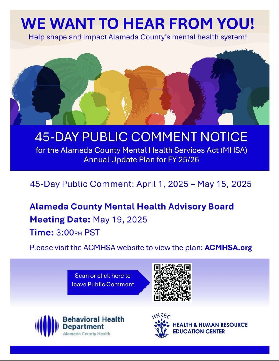 Notice: 45-day public comment period for Alameda Co. Behavioral Health’s FY 25/26 MHSA Plan Update (Draft) ends May 15. Public hearing: May 19.