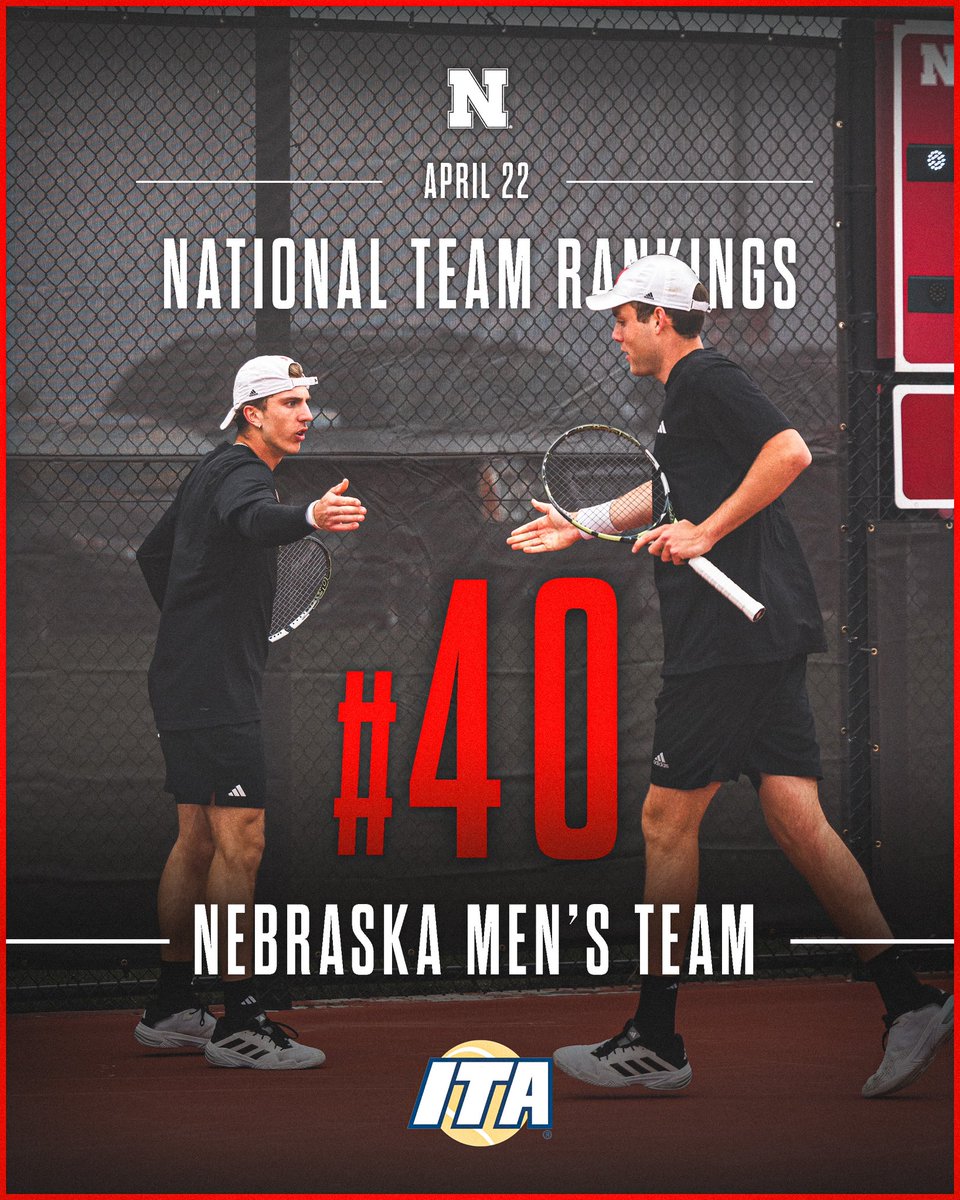 HuskerMTennis's tweet photo. Final rankings of the regular season 🔥

April 22nd National ITA Rankings:
📈 Team: #40 in the nation
📉 Doubles: #79 Johann/Shepp 
📉 Singles: #67 Calvin Mueller https://t.co/CX32wwNrNJ