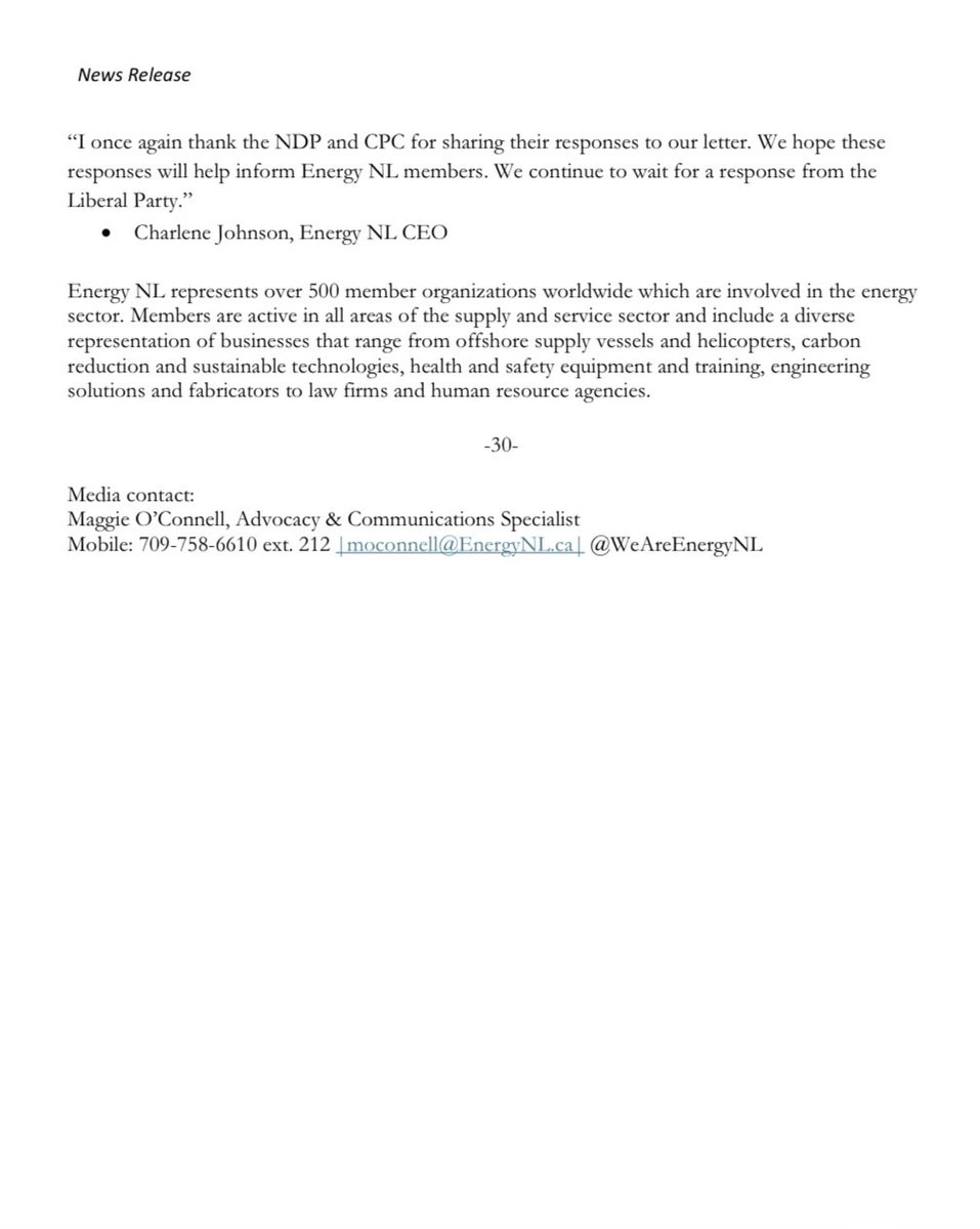 Please see the statement below, issued today by Energy NL CEO Charlene Johnson, commenting on responses from federal party leaders to our letter penned March 25, 2025.

Our initial letter and responses from each party can be found on our website: energynl.ca/advocacy