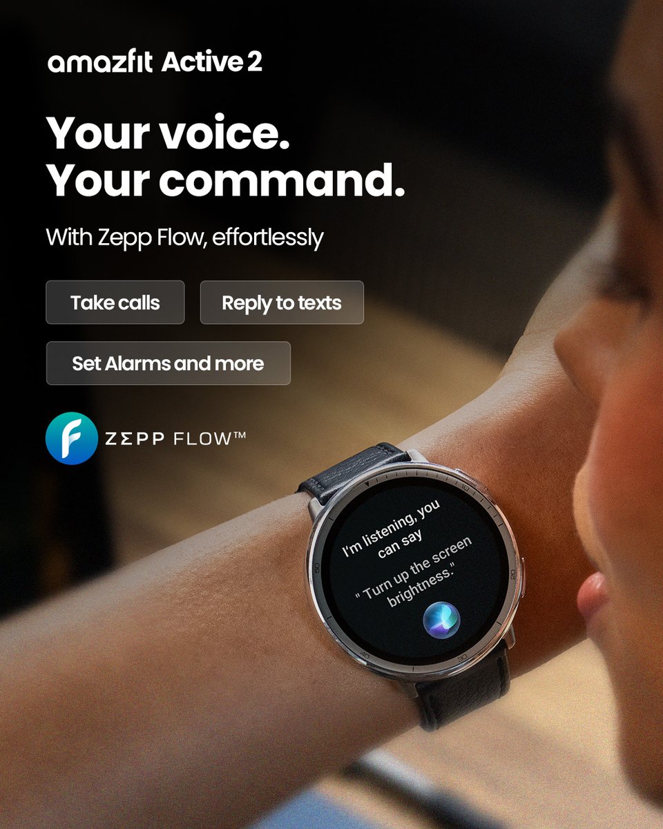 AmazfitIN's tweet image. &quot;Turn up the brightness&quot; with just your voice! The Amazfit Active 2 listens when you speak and tracks your health 24/7—even during sleep. Starting at ₹9,999, it&apos;s smart tech that actually understands you. in.amazfit.com/products/activ…
#Smartwatch #VoiceCommand #WellnessTech