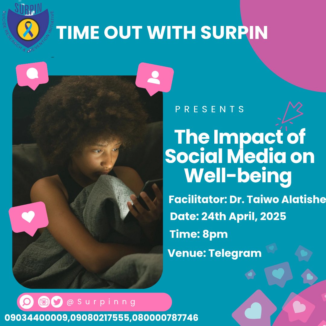 Is Social media helping or harming your well-being?
Join us this Thursday, 24th April, 2025 as we explore "The Impact of Social Media on Well-being" - Discover the truth, Share your experiences, and learn how to take control of your well-being.
Your mental health matters!