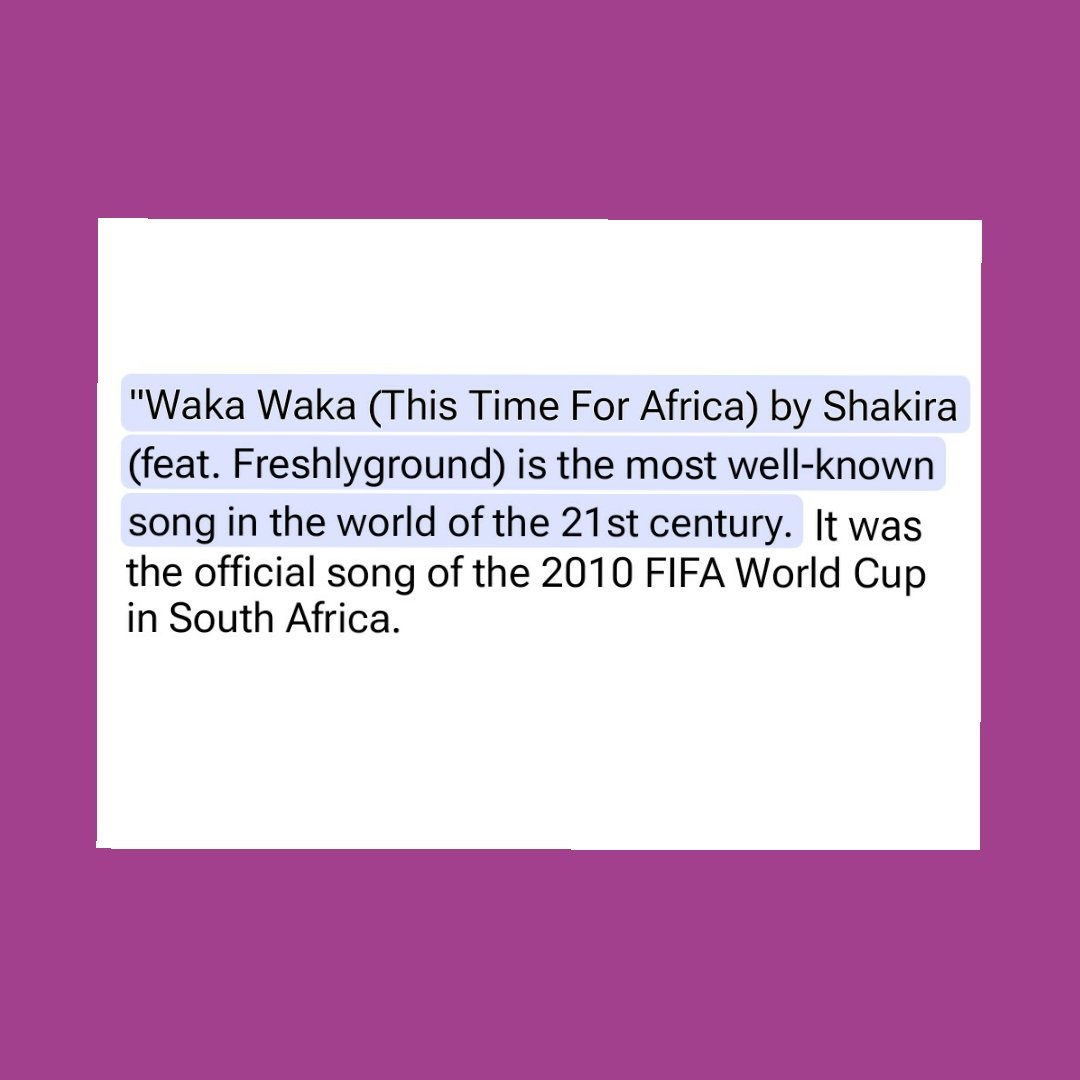 ThePopStuff's tweet photo. Shakira's "Waka Waka (This Time for Africa)" (feat. Freshlyground) has been named the most well-known song in the world of the 21st century. https://t.co/m2chznWtUV