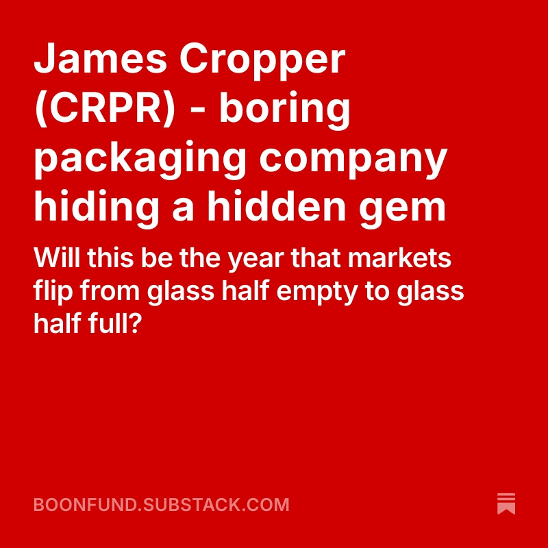 I recently bought James Cropper #CRPR as I think it is way too cheap given its solid TNAV, USA manufacturing, and a division that might be worth multiple the market cap.

My full analysis:
boonfund.substack.com/p/james-croppe…