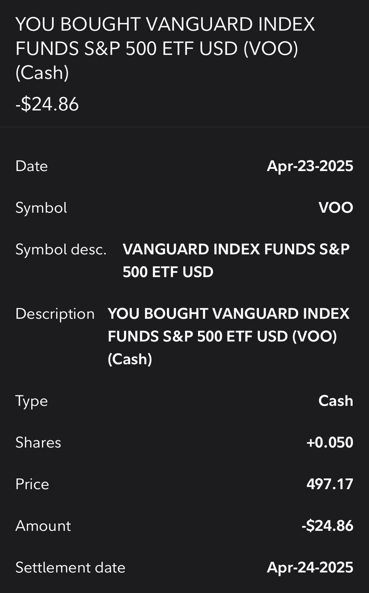 DollarCostDaily's tweet photo. 📈 Daily DCA Update
$VOO buy: 0.050 shares @ $497.17
$BTC buy: 0.00026222 BTC @ $94,396.71

#DollarCostAveraging #VOO #Bitcoin #Investing https://t.co/EyL7OQpeyl