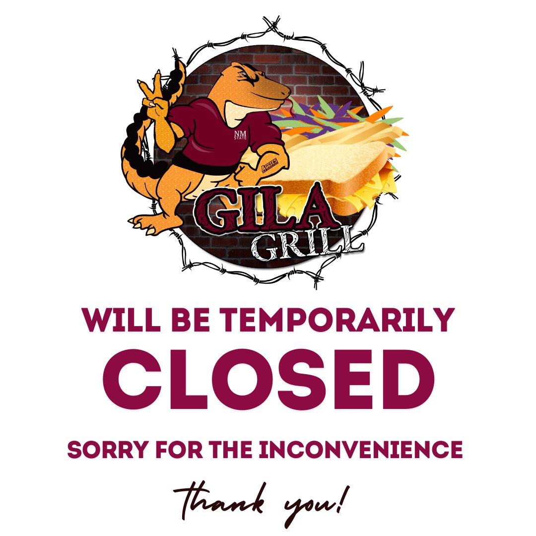 📣 Attention Aggies! Due to the Founder's Day celebration, Gila Grill located at The College Canteen will be closed today. Thank you for your understanding!
#nmsudining #aggies #nmsu #whataggieseat