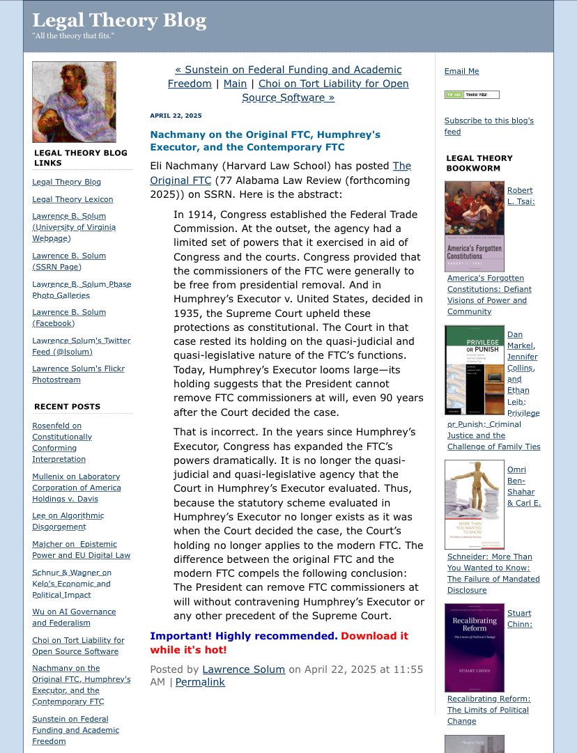 Eli Nachmany (@elinachmany) on Twitter photo I’m at a loss for words, but very grateful, after getting the coveted “Download it while it's hot!” from <a href="/lsolum/">Lawrence Solum</a> on my forthcoming <a href="/AlaLawReview/">Alabama Law Review</a> article re: the original FTC/Humphrey’s Executor.
Available on SSRN here: papers.ssrn.com/sol3/papers.cf…
Thank you! I’m at a loss for words, but very grateful, after getting the coveted “Download it while it's hot!” from <a href="/lsolum/">Lawrence Solum</a> on my forthcoming <a href="/AlaLawReview/">Alabama Law Review</a> article re: the original FTC/Humphrey’s Executor.
Available on SSRN here: papers.ssrn.com/sol3/papers.cf…
Thank you!