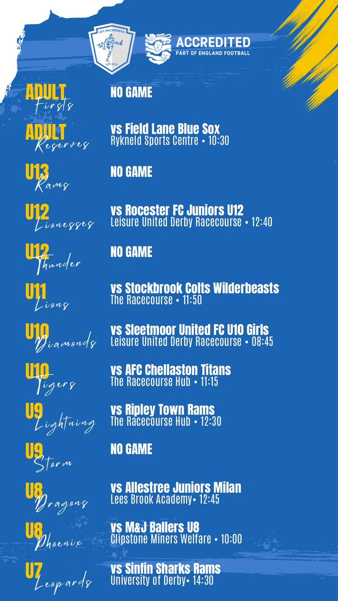 The full AFC Mackworth fixture list for this weekend 👀

Please get down and show your support wherever you can 🙏💙