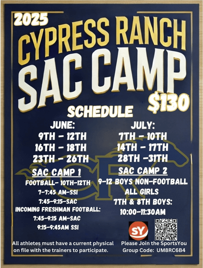 CyRanchVball's tweet image. Please view the attached flyers for additional information related to our Middle School Mixer, Physical Day, SAC, and various summer camps offered this summer.