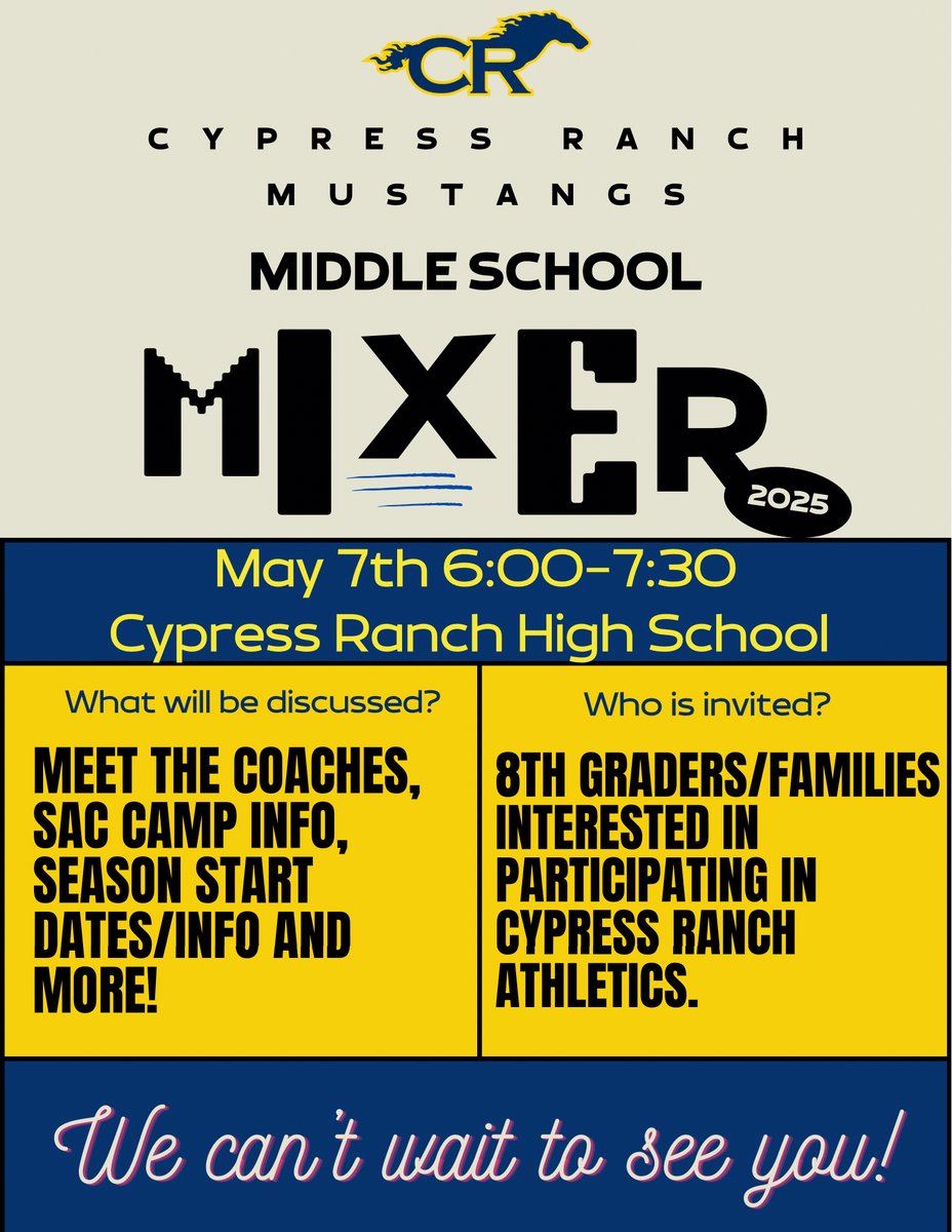 CyRanchVball's tweet image. Please view the attached flyers for additional information related to our Middle School Mixer, Physical Day, SAC, and various summer camps offered this summer.
