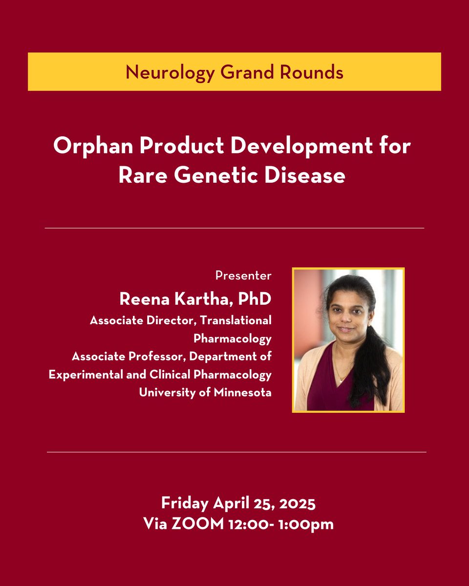 Join us for this week’s Neurology Grand Rounds featuring Reena Kartha.

#Neurology | #UMN | #GrandRounds