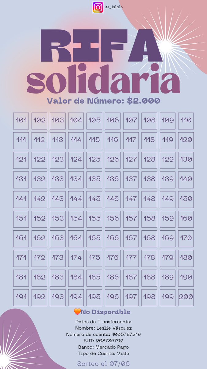 Hola a todos/as🫰🏼 quería compartir una rifa solidaria que estaré realizando para costear tratamiento de salud de mi persona, agradecería si pudieran difundir😖Disponibilidad de números del 1 al 300 🧡
Gracias, los quiero 🫂