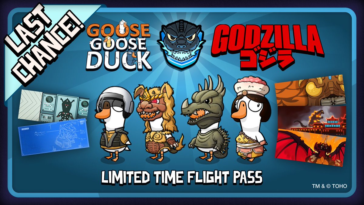 Goose Goose Duck (@ggd_game) on Twitter photo 🛫 Last Call for Boarding for the <a href="/Godzilla_Toho/">GODZILLA.OFFICIAL</a> Returns Flight Pass!
❕ Last chance to grab your Premium Flight Pass to redeem premium rewards and waive the expiration date.
#Godzilla #GooseGooseDuck #GaggleStudios 🛫 Last Call for Boarding for the <a href="/Godzilla_Toho/">GODZILLA.OFFICIAL</a> Returns Flight Pass!
❕ Last chance to grab your Premium Flight Pass to redeem premium rewards and waive the expiration date.
#Godzilla #GooseGooseDuck #GaggleStudios