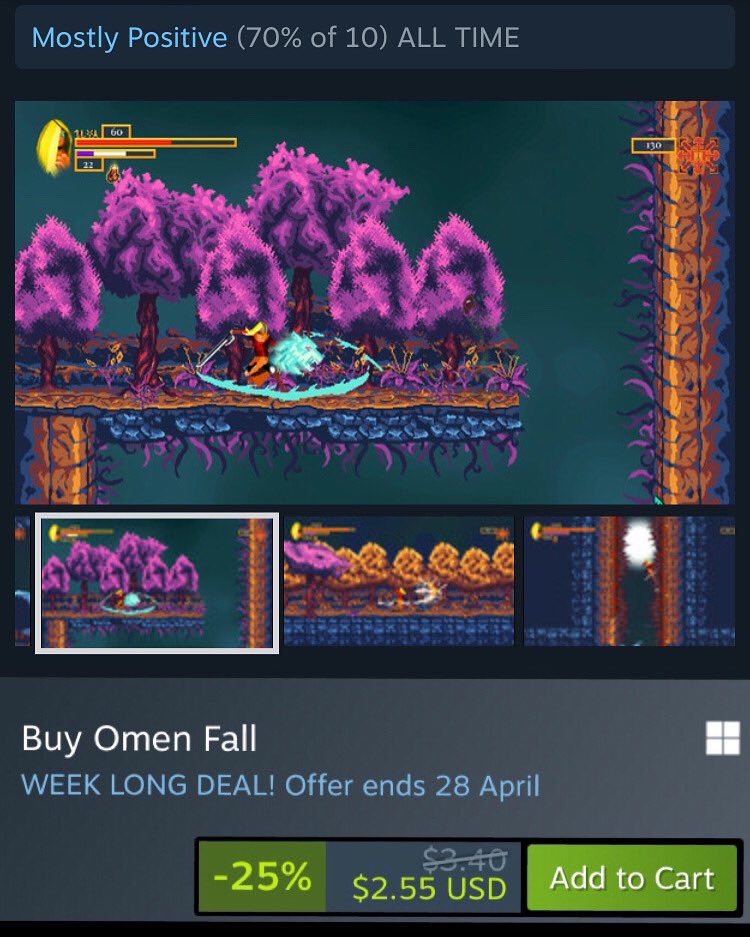 Thank you for your support, we are now visible in the reviews. We hope to receive more positive feedback and that more people will notice us.

store.steampowered.com/app/1745050/Om…

#metroidvania #steam #pixelart #steamsale #indiedev #gamedesign #omenfall #witchcraft #2dgame #indiegame
