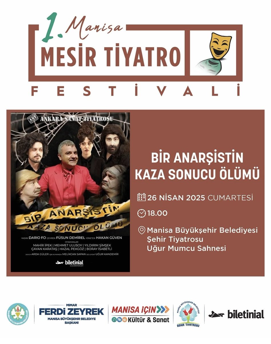 485. Mesir Macunu Festivali kapsamında Ankara Sanat Tiyatrosu'nun beş sezondur ilgi ile izlenen politik komedisi "Bir Anarşistin Kaza Sonucu Ölümü" Manisa'lı tiyatroseverler ile buluşuyor. Tüm halkımız davetlidir...
#manisa #mesir #mesirmacunu #festival #tiyatro #tiyatroiyidir