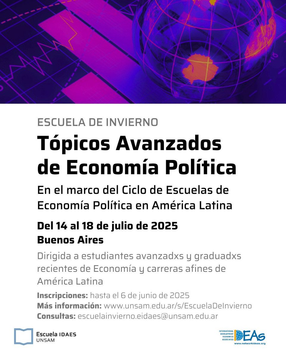 2. Ya esta abierto el llamado para La Escuela de Invierno de Tópicos Avanzados de Economía Política de <a href="/DevEconNetwork/">IDEAs</a> en la sede Buenos Aires, que se realizará del 14 al 18 en la <a href="/unsamoficial/">Universidad Nacional de San Martín</a>.