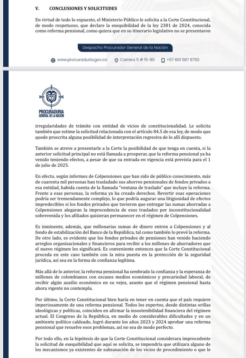 #Atención | 🔴 El procurador general, Gregorio Eljach, solicitó a la Corte Constitucional declarar exequible la reforma pensional, al considerar que su trámite en el Congreso de la República no presentó vicios de forma.