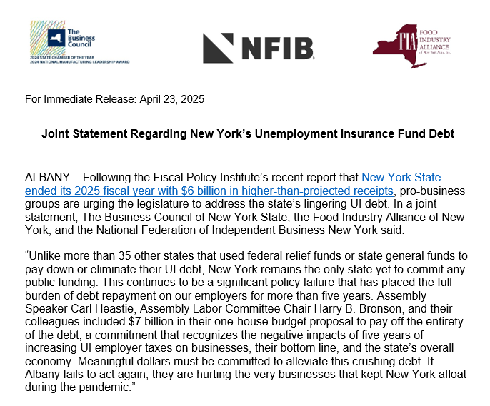 Our joint statement, along with <a href="/nfib_ny/">NFIB New York</a> and <a href="/FoodAllianceNY/">FoodIndustryAlliance</a> 

#UIdebt