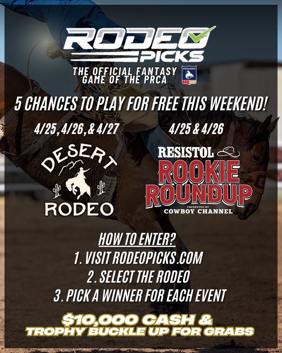 ProFantasyRodeo's tweet image. Did you miss us? We missed you! Rodeo Picks is back this Friday with 5 opportunities to win trophy buckles and $10,000! We will have 2 performances of the Resistol Rookie Roundup, and 3 performances of Desert Rodeo! Picks open Friday. Enter for FREE at rodeopicks.com