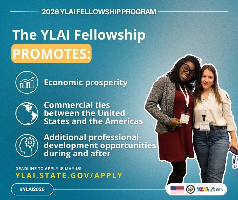 USEmbassyJA's tweet photo. If you're an entrepreneur aged 25-35 and want to expand your business and make more connections, then the YLAI Fellowship Program is for you! Apply today and don’t miss your chance to collaborate & network with U.S. organizations & other entrepreneurial leaders across the region!
Applications for the #YLAI2026 Program are due May 15 👉 https://t.co/HthqJcpZ8N