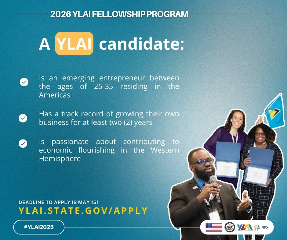 USEmbassyJA's tweet photo. If you're an entrepreneur aged 25-35 and want to expand your business and make more connections, then the YLAI Fellowship Program is for you! Apply today and don’t miss your chance to collaborate & network with U.S. organizations & other entrepreneurial leaders across the region!
Applications for the #YLAI2026 Program are due May 15 👉 https://t.co/HthqJcpZ8N