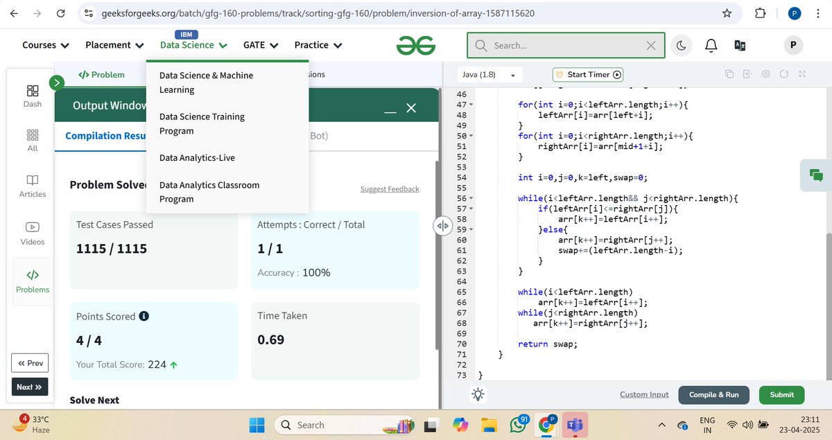 Praut76316's tweet photo. Day 23 of #GFG160: Nailed the Inversion Count problem today!   #InversionCount #MergeSortMagic #DSA #GFGPractice #100DaysOfCode #GeekStreak2025 #CodingChallenge #Java #Day21 #BigO #DivideAndConquer #ProblemSolving https://t.co/7oy5FLKOTp