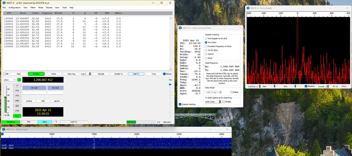 1296 EME at CN88ka April 23, 2025.  Exciting day - contacts to HD8G (super rare Galapagos Islands) K3SK W2ZQ KB7Q NC1I AA6I W3TI.  Added path loss at -.93dB with Moon 371,731 Km distant.  HD8G and I are both using the W2HRO 2.4m folding dish.  Several self echo tests too. dave