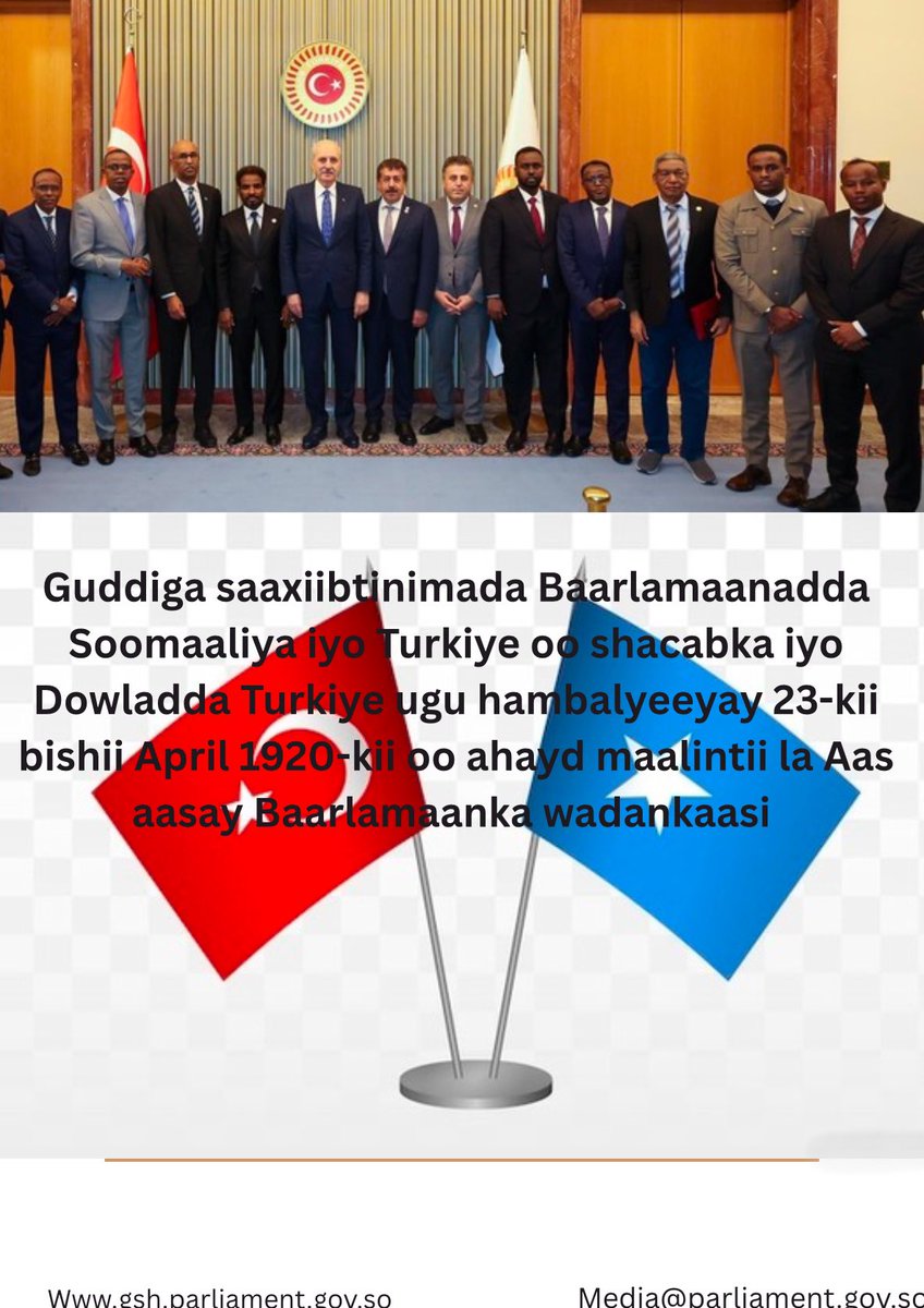 Guddiga saaxiibtinimada Baarlamaanadda Soomaaliya iyo Turkiye ayaa dowladda aynu walaalaha nahay ee Turkiye ugu hambalyeeyay 105-sano guuradii kasoo wareegatay Aas-aaskii Baarlamaanka wadankaasi oo ku beegneyd 23-kii April sanadkii 1920-kii.#TurkiyeinSomalia #TC_mogadishuBE